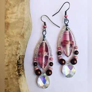 Iridescent and Pink Beaded Teardrop Earrings - Handmade